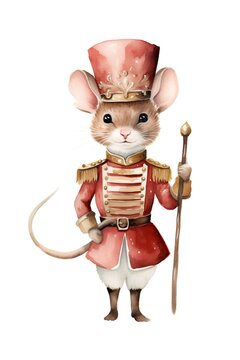 Cute cartoon mouse in a suit of russian soldier. Watercolor illustration