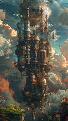 Obraz premium Step into a whimsical steampunk cityscape suspended in the clouds, where mechanical wonders and botanical beauty intertwine in a harmonious dance of color and imagination