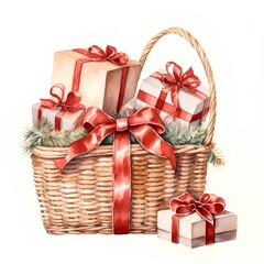 Christmas basket with gifts. Watercolor illustration isolated on white background.