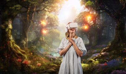 Happy girl enjoy looking at fantasy view hologram in VR glasses while connect at metaverse or visual reality world. Caucasian woman with white pajamas while standing at magical forest. Contraption.