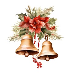 Christmas decoration with poinsettia and bells, watercolor illustration