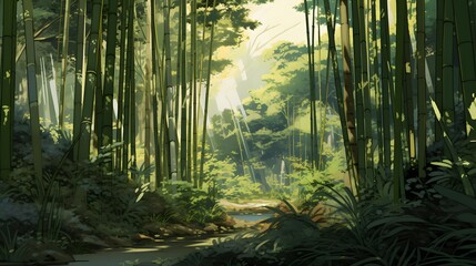 Panorama of a bamboo forest in the middle of the forest.