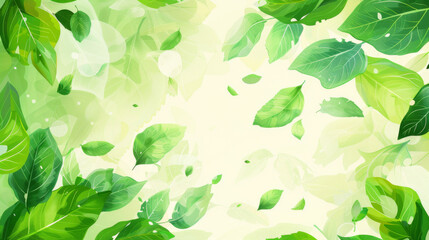 Obraz premium Abstract background featuring vibrant green leaves with a soft bokeh effect and sunlight.