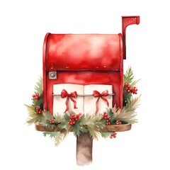 Watercolor christmas illustration. Hand drawn red mailbox with gifts.
