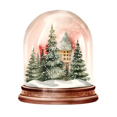 Watercolor Christmas snow globe with house and fir tree. Hand drawn illustration