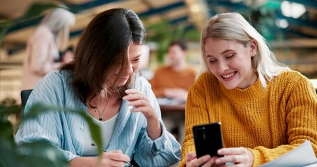 Coffee shop, laugh and women with phone in restaurant for bonding, chatting and relax together. Cafe, friends and people on smartphone for social media, internet meme and funny website with drink