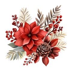 Watercolor Christmas floral bouquet with poinsettia, berries and leaves. Hand drawn illustration.