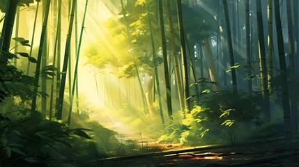 Digital painting of a forest in the morning with a long exposure.