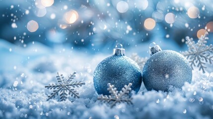 Fototapeta premium A delightful winter scene adorned with delicate snowflakes and sparkling balls