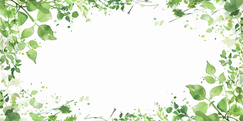 Fototapeta premium a frame made of light green leaves and vines, with watercolor splashes on the edges, generative AI