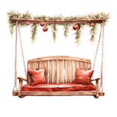 Wooden swing with red pillows and fir branches. Watercolor illustration