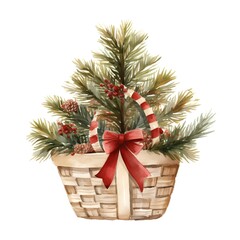Watercolor Christmas wicker basket with fir branches, cones and red ribbon isolated on white background.