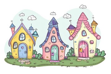 Cartoon cute doodles of mirror world houses with doors on their roofs and windows on their floors, welcoming visitors with upside-down smiles, Generative AI