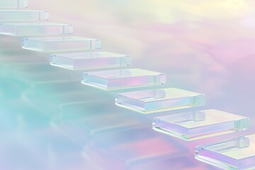 A series of ascending, translucent glass steps, each representing a phase of growth, set against a soft, pastel rainbow background, visualizing the steps to success in a creative and colorful way.