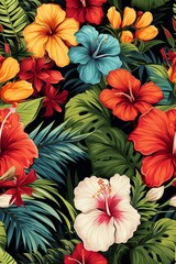 Vintage seamless pattern with composition of hand drawn tropical flowers