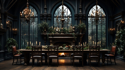Moody gothic dining room with dark walls, candle chandeliers, and a long, antique wooden table,