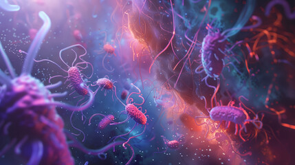 Colorful image of bacteria and viruses on a purple and blue background. Bacteria are represented in various shapes and sizes