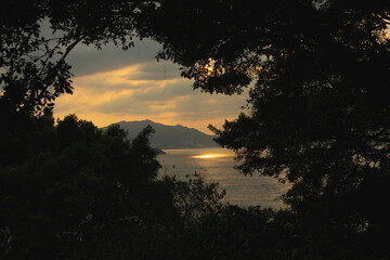sunset in the mountains, forest, sea