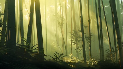 Panoramic view of a bamboo grove in the morning fog