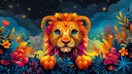 illustration of a print of colorful cute lion