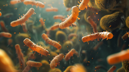 Close-up of a group of orange bacteria. A type of rod-shaped bacteria, harmless strains of which...