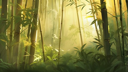 Bamboo forest in the morning light. Panoramic image.