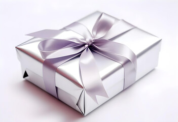 A white gift box with a gray ribbon tied around it