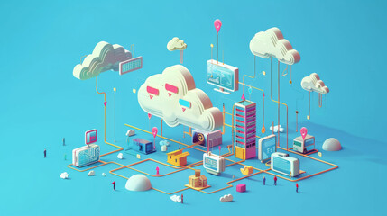Illustration of a futuristic cloud computing concept with connected structures and networks.
