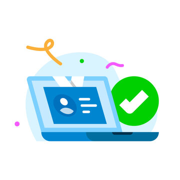 registration successful, account successfully created. id card on laptop screen concept illustration flat design. simple modern graphic element for ui, infographic, icon