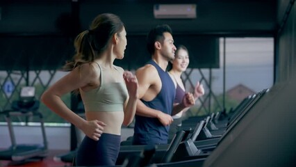 Fit young woman and man running on a treadmill during a workout class at fitness gym