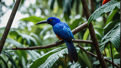 blue bird of paradise landed on a leafy tree branch flapping its wings


