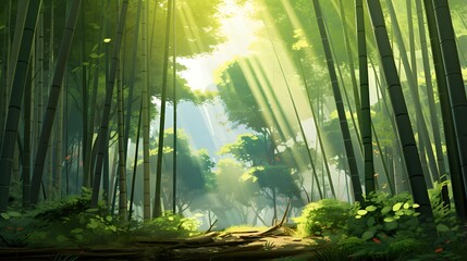 Panoramic view of a bamboo forest with sunbeams.
