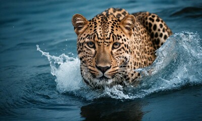 A Leopard's River Crossing in the African Savanna