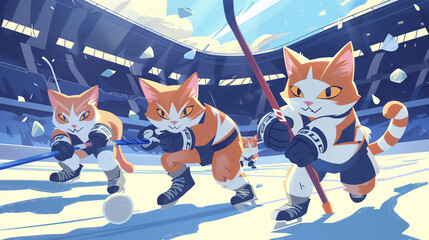 illustration cats playing ice hockey in a stadium