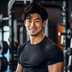 Fototapeta premium Japanese Male Personal Trainer Smiling with Gym Background