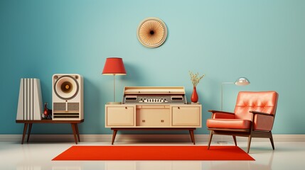 A retro living room with an old radio, a vinyl player and armchair on the wall, against a blue...