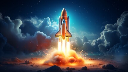 In the center of an epic space scene, there is a powerful rocket launching into a deep blue sky...