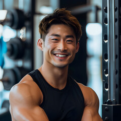 Japanese Male Personal Trainer Smiling with Gym Background
