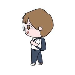 A cartoon boy wearing glasses and a backpack is walking