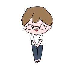 A cartoon boy with glasses and a smile on his face