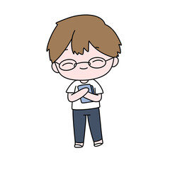 A cartoon boy is holding a book and smiling