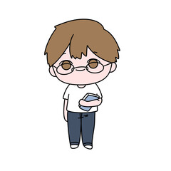 A cartoon boy wearing glasses and holding a book