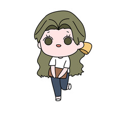 A cartoon girl is holding a book and wearing a white shirt