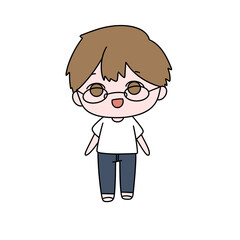 A cartoon boy with glasses and a white shirt is smiling