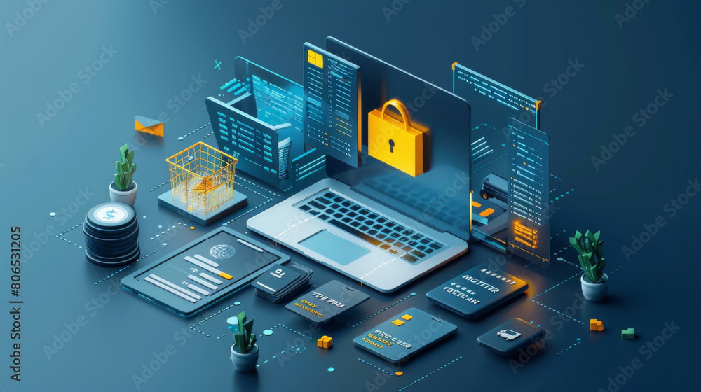 Poster isometric illustration of a modern digital workspace with security features, showcasing e-commerce a