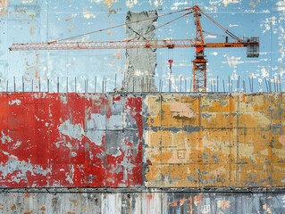 Urban construction site in full swing, crane lifting rebar, detailed texture, under clear blue skies