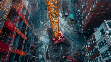 Overhead view of a construction site, crane maneuvering amidst rebarladen frameworks, busy city environment