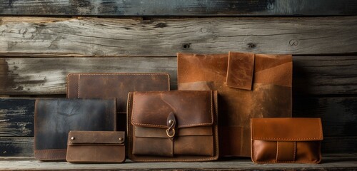 A rustic, barn wood studio background, offering a textured and warm backdrop for a series of handcrafted, leather goods, the natural materials complementing each other in this artisanal display. 