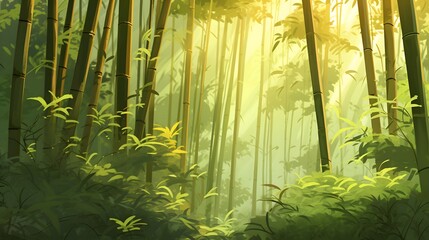 Beautiful summer forest panorama with sunbeams and green foliage