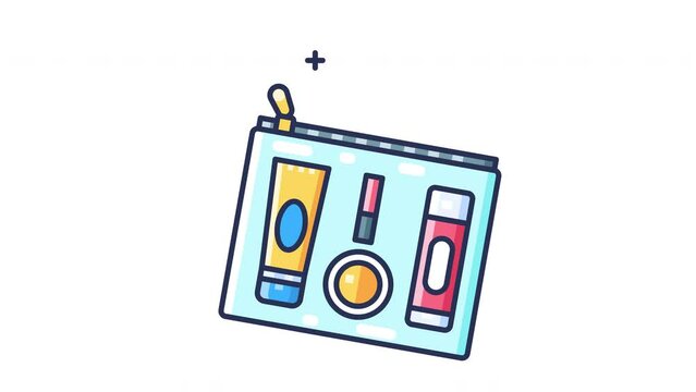 Animated travel pouch with opening zipper and cosmetics inside. Suitable for travel tips website, applications and vlog elements.